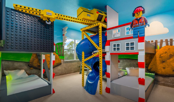 Lego themed bunk room with slide at the Orlando accommodations